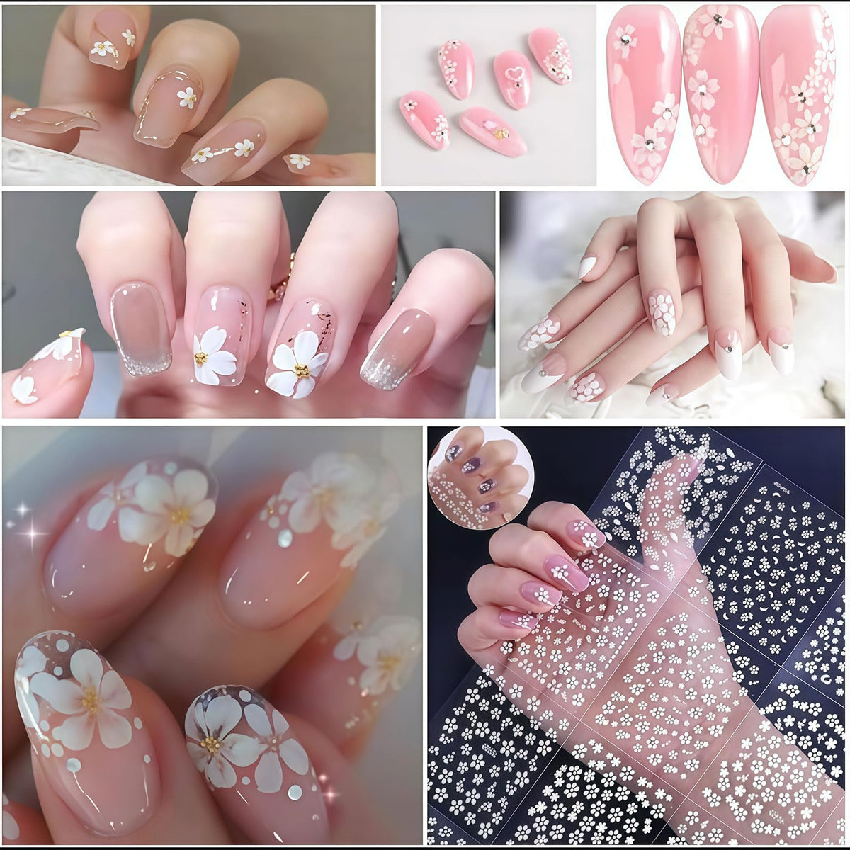 30 Sheets White Flower Nail Art Stickers, 3D Rhinestones Self Adhesive Floral Supplies Decals, Decoration Accessories for Women and Girls