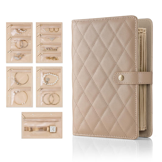 VLANDO Jewelry Book Organizer - Leather Travel Jewelry Case with 5 Detachable Pages for Necklaces, Rings, Earrings, Tangle-Free, Giftable, Latte