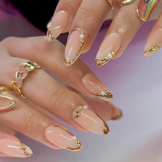 24pcs French Tip Press on Nails Short Almond Fake Nails with Pearls Rhinestones Design Full Cover Gold French Acrylic Nails Glue on Nails Glossy Reusable Artificial Nails for Women Girls Nail Decor