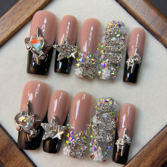 Handmade Press on Nails Long Square Fake Nails Black French Tip False Nails with Glue 3D Luxury Reusable Rhinestone Design Acrylic Nails Press Ons Sparkly Stick on Nail for Women 10Pcs(Size M)