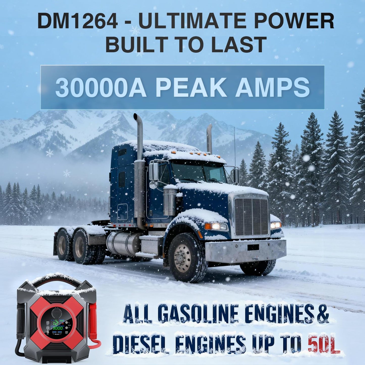 Primedura DM1264 Heavy Duty Truck Jump Starter, 30000A Peak 12V Lithium Battery Booster Pack for Semi Trucks,Starts All Gasoline Engines and Diesel Engines up to 50L in 1 Second at -40°F.