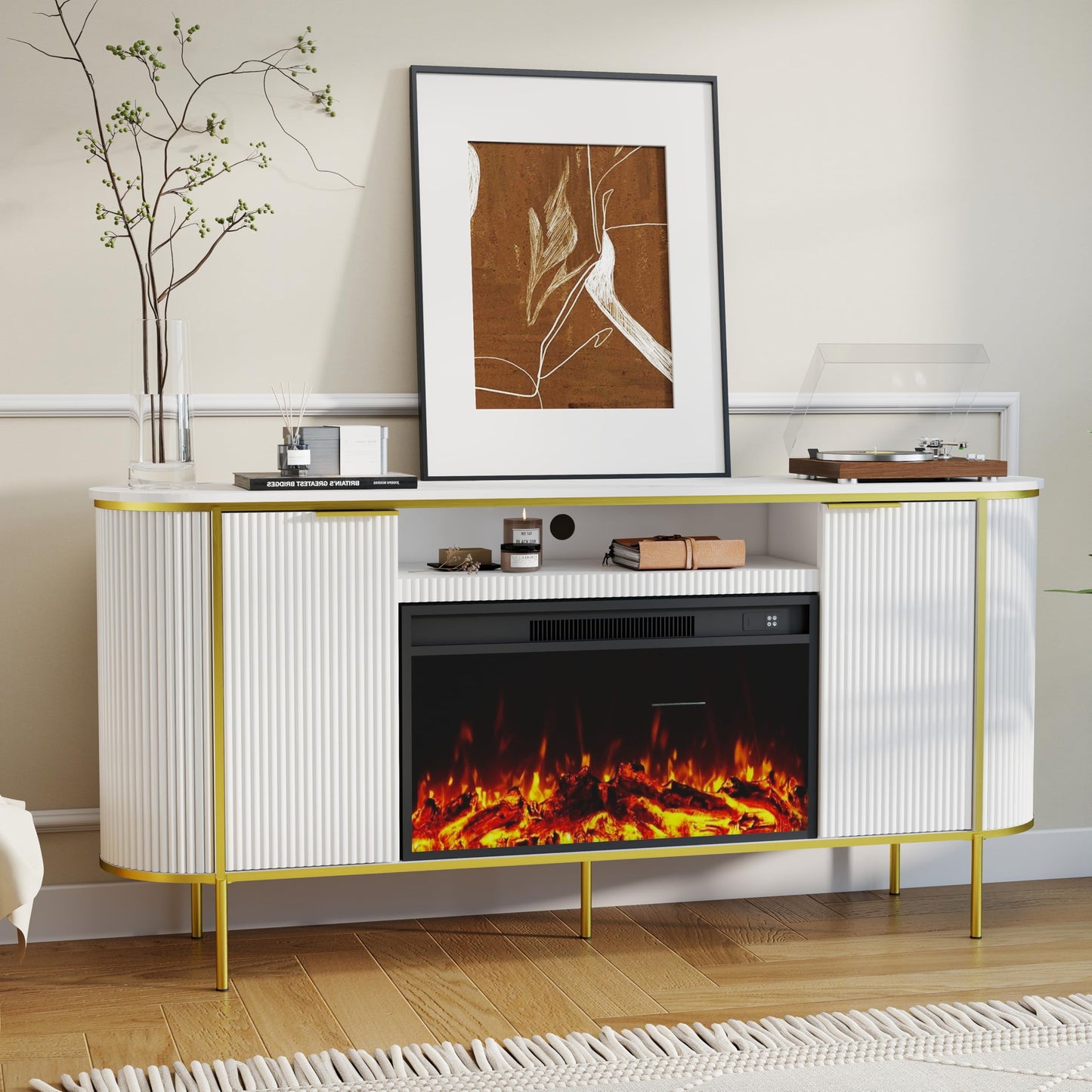 White Fireplace TV Stand: 70" Modern Luxury Fluted Electric Fireplace Heater Entertainment Center Fits TVs Up to 80 Inch, Faux Marble Top TV Console with Fireplace (White, 70 Inch Fireplace TV Stand)