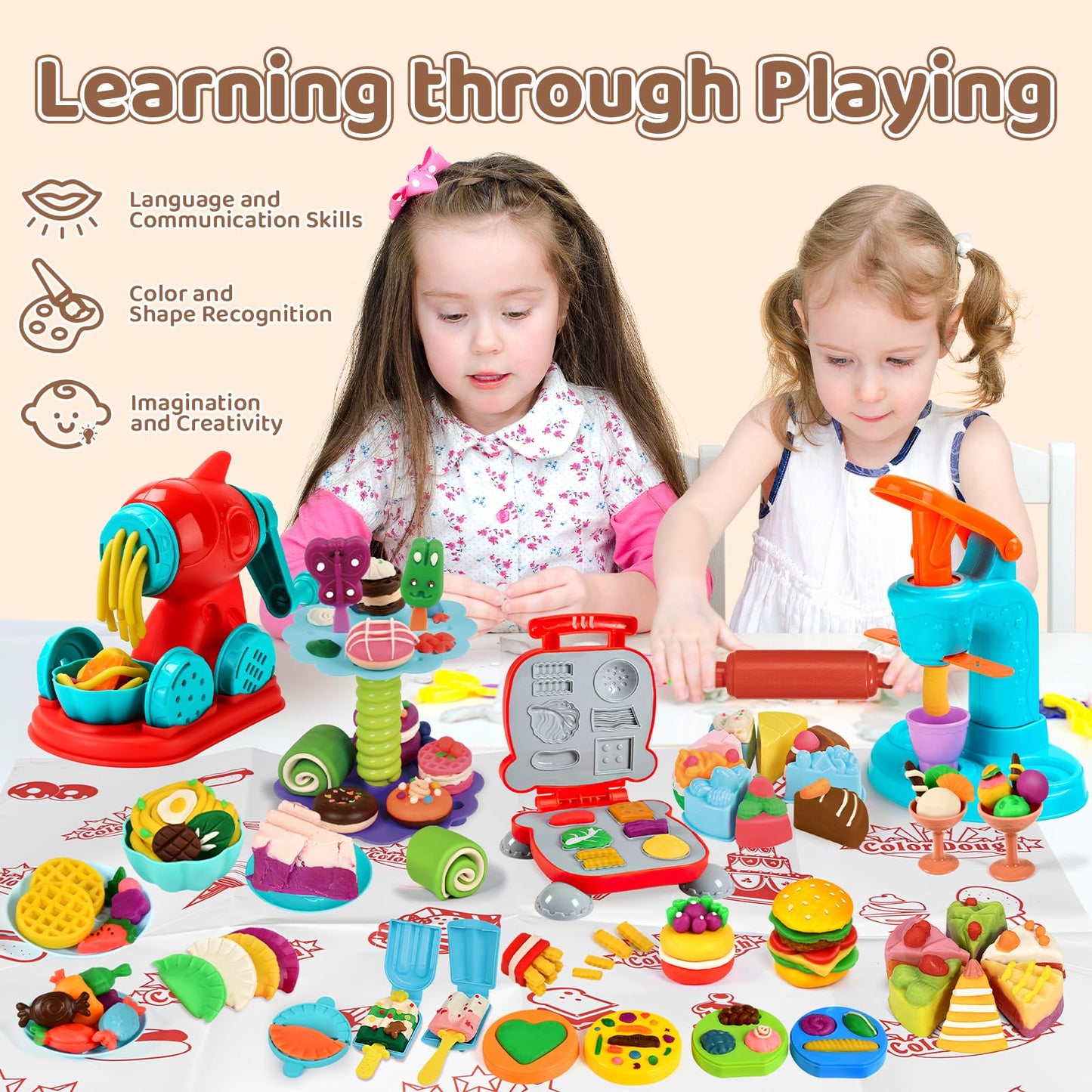 Aprilwolf 75 PCS 4 in 1 Dough Sets for Kids Ages 3-4-8, Art Crafts Dough Tools Kit, Ice Cream Playset Noodle Hamburger Maker Machine Dessert Rack, Kitchen Creations Food Play Toys Toddlers Boys Girls