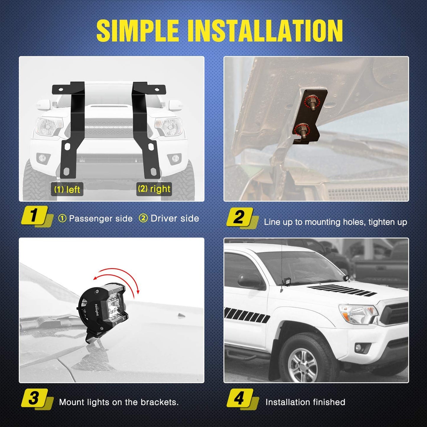 Nilight Ditch Light Brackets Auxiliary Offroad Work LED Pod A-Pillar Hood Mounts on 2nd Gen Tacoma 2005 2006 2007 2008 2009 2010 2011 2012 2013 2014 2015
