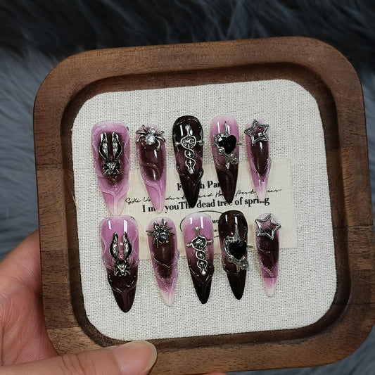 TENPAL 10Pcs Handmade Press On Nails Long Stiletto,Gothic Pink & Black Swirl Fake Nails with 3D Cross Spider Star Charms,Glossy Y2K Punk Glam Halloween Nails,Edgy Kawaii Nails for Parties Cosplay(M)