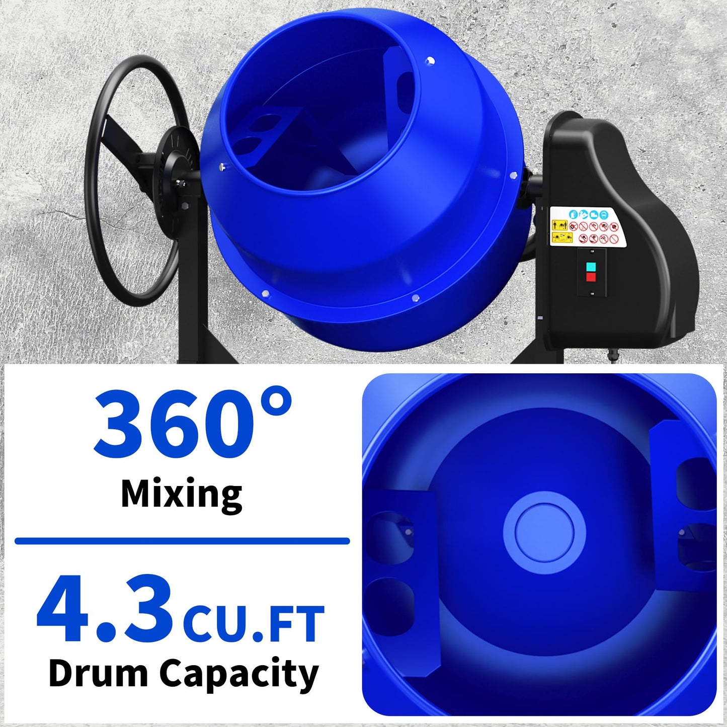 BSMTEK 4.3 Cubic Ft Electric Concrete Mixer, 3/5HP, 450W Portable Concrete Mixer Machine with Stand And Wheels for Stucco, Mortar, Seeds (Blue)