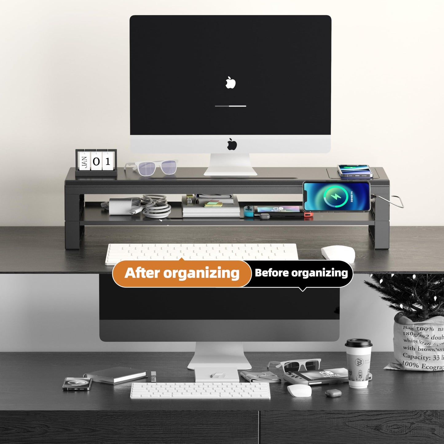 GECKOSTROLL All-in-One Dual Monitor Stand Riser, 5USB Ports and WirelessCharging Pad for MonitorsDesk Organizer for PC, iMac (Wireless Charging, Two-layer 700mm)