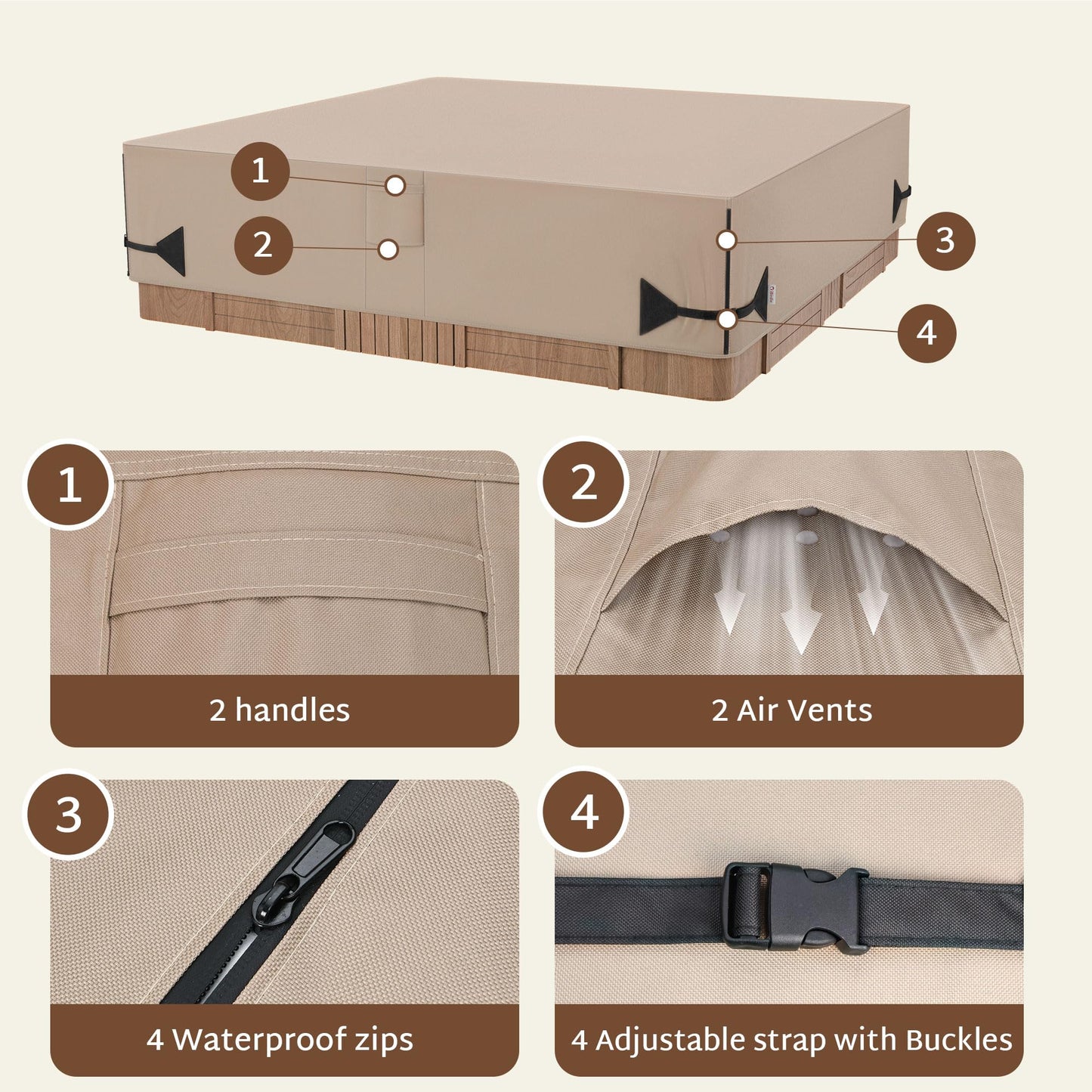 iBirdie Outdoor Waterproof Hot Tub Cover 83 x 83 inch fit 82 x 82 or 81 x 81 or 80 x 80 Square SPA 600D Heavy Duty Weatherproof Cover Protectors Protective Cap, Brown