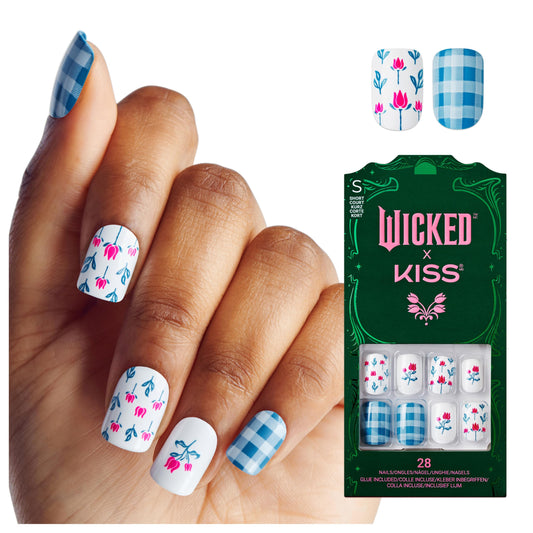 WICKED X KISS Press On Nails, ‘Marvelous Munchkinland’, Blue, Short Squoval, Waterproof, Chip Proof, Smudge Proof, 28 Fake Nails, Pink Gel Nail Glue (2g), Mini Nail File, & Manicure Stick