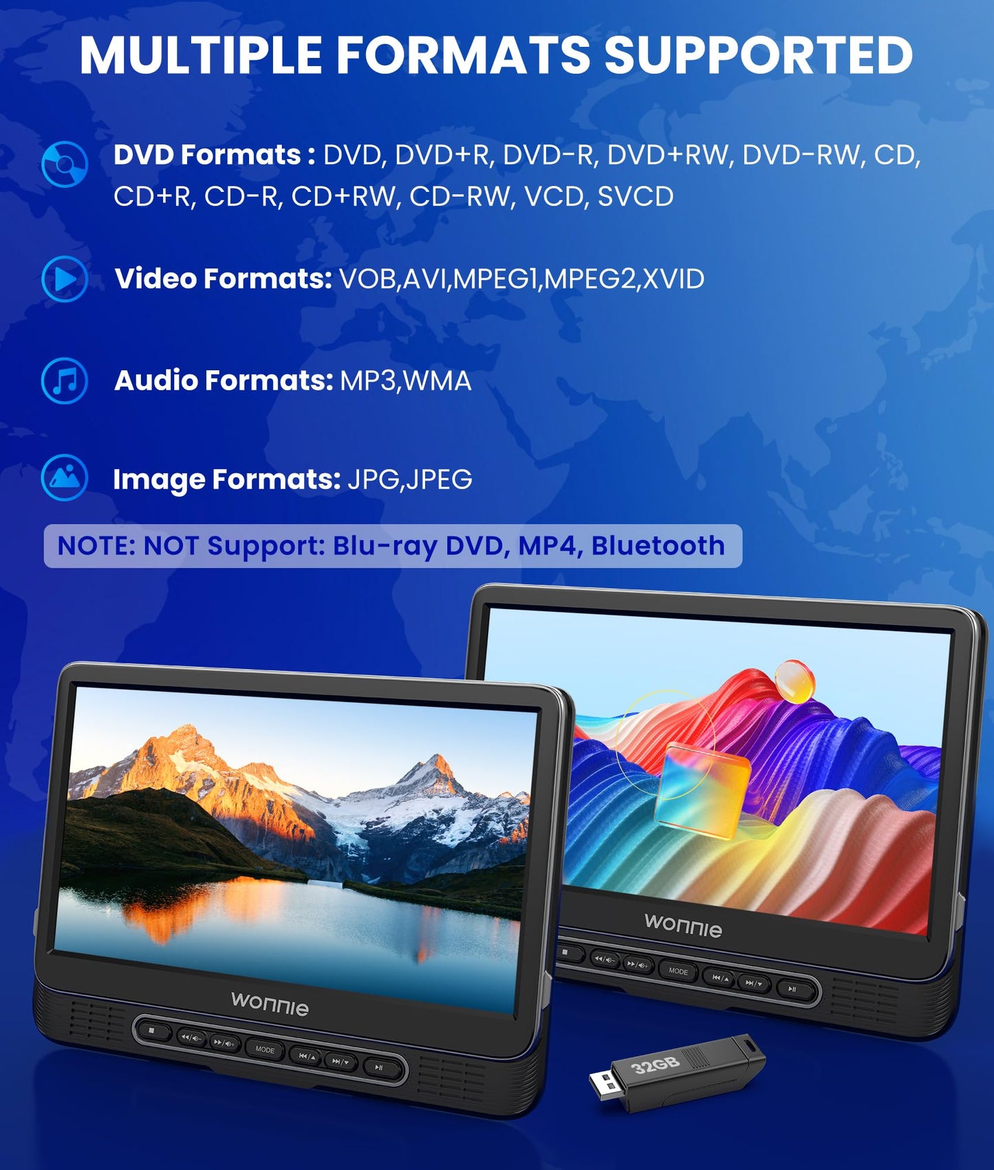 WONNIE 12" Dual Car DVD Players Portable DVD Players for Car Headrest Play a Same or Two Different Movies with 5-Hour Rechargeable Battery, Mounting Brackets, All Region, Support USB/Sync TV