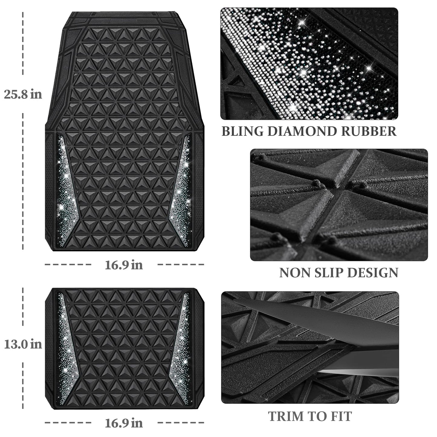 CAR PASS Bling Diamond Car Mats Rubber Floor Mats Full Set Anti-Slip 3D Rhombus Waterproof Trim to Fit Liner Universal Glitter Crystal Sparkly Shining Rhinestone Girl Women SUV Sedan Van, Black Silver