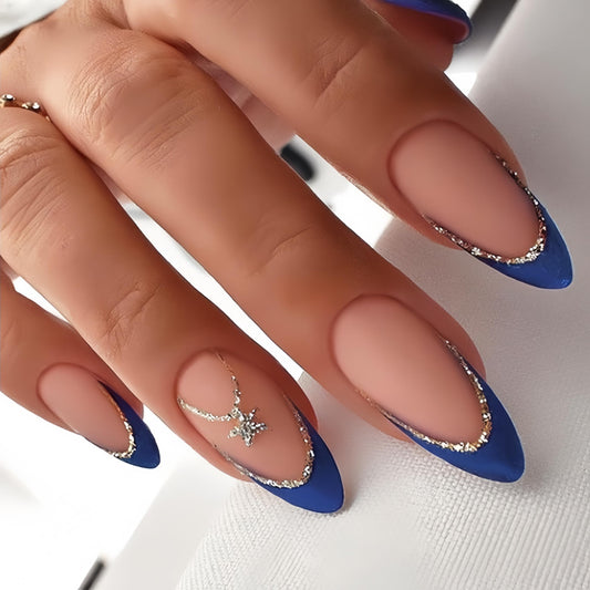 Navy Blue Press on Nails Medium Almond Fake Nails with Gold Glitter Star Accents Design False Nails Matte Reusable Acrylic Glue on Nails Full Cover Press ons for Women Manicure Supply,24Pcs