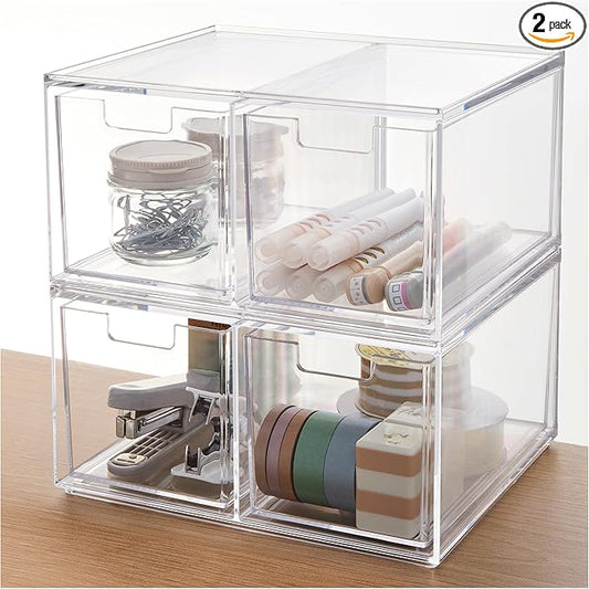 STORi Stackable Desk Organizer drawers, Clear Pen Pencil Makeup Brush drawers for Desktops and Vanities, 4 Tall Drawers (Made in USA)