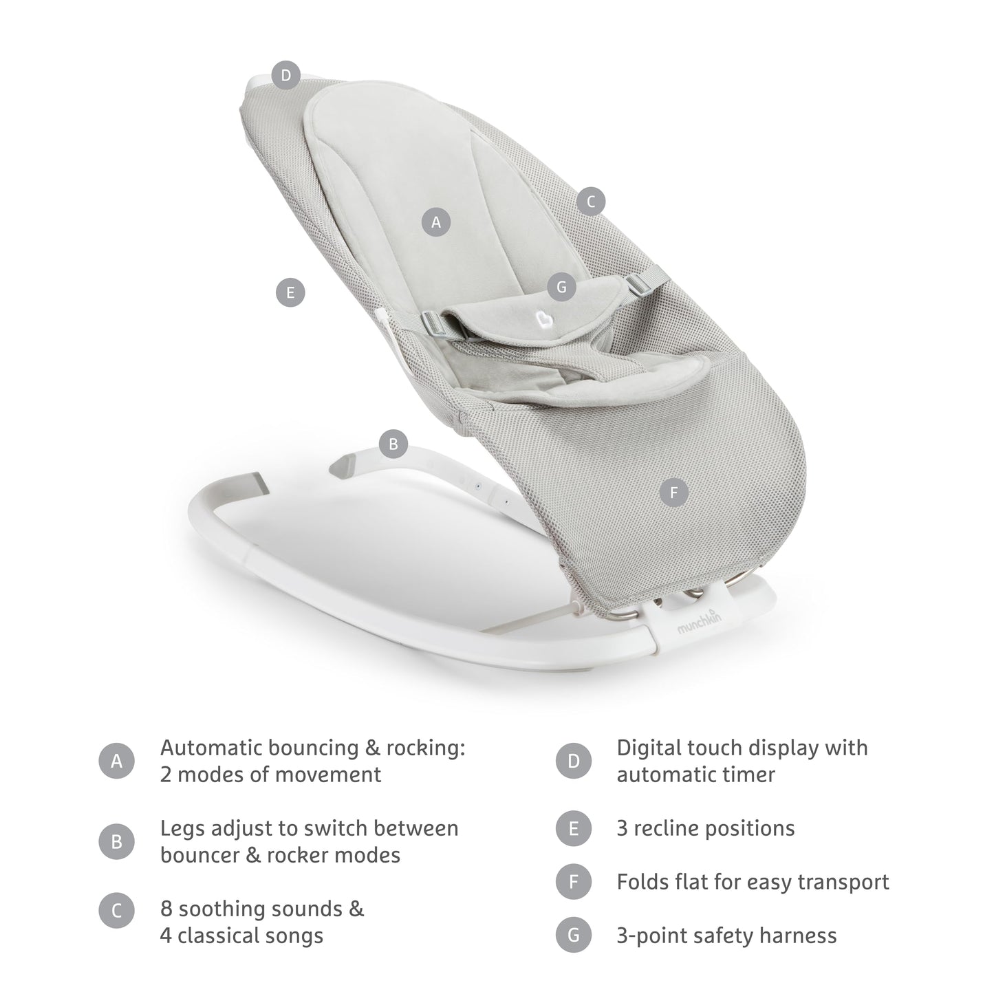 Munchkin® Electric Baby Bouncer & Rocker with Digital Touch Display, Soothing Sounds & 3 Recline Positions - Automatic Bouncing & Rocking, Grey