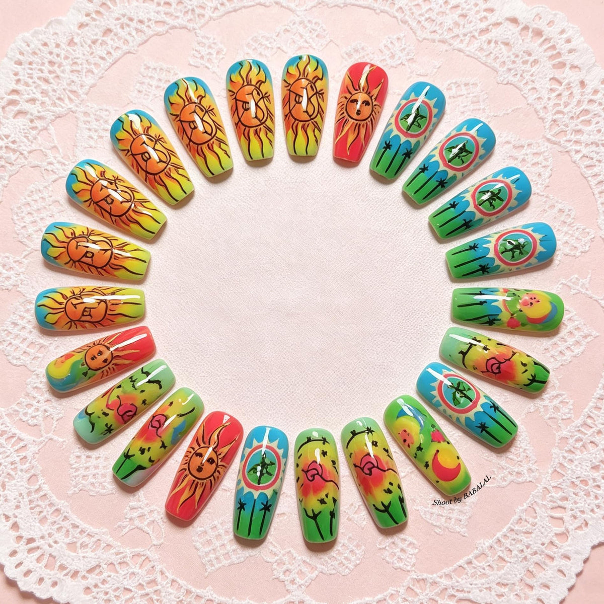 BABALAL Press On Nails, Long Coffin Fake Nails, Neon Rainbow with Sun Moon Star Design, Glossy Festival Hippie Glue On Nails for Women and Girls 24Pcs