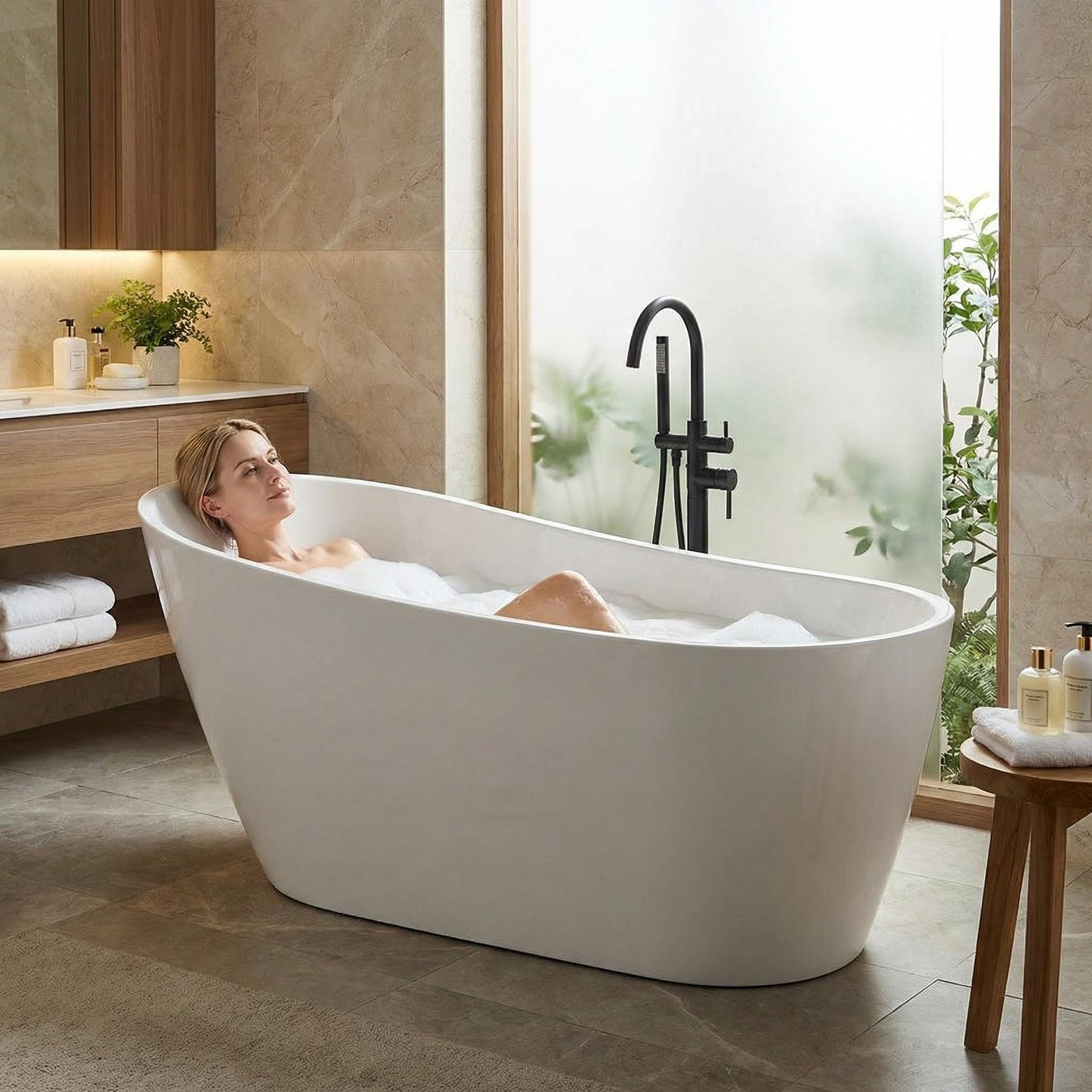 59" Acrylic Freestanding Soaking Bathtub, Free Standing Tub, Stylish Stand Alone Contemporary Soaking Tub with Integrated Overflow and Drain In Chrome, cUPC Certified