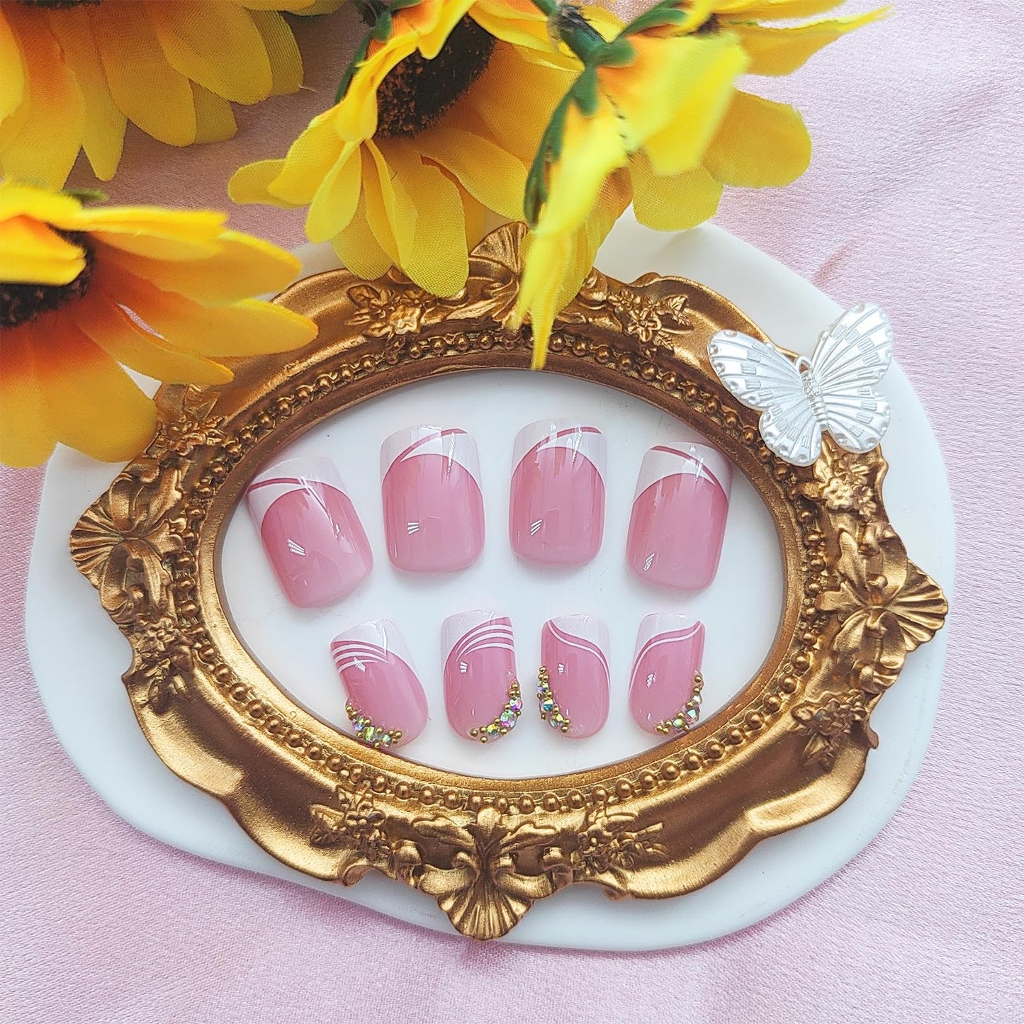 Square Press on Nails Short Fake Nails with Rhinestones Designs White French Tip Nails Press ons Glossy Glue on Nails Pink Full Cover Stick on Nails for Women 24Pcs