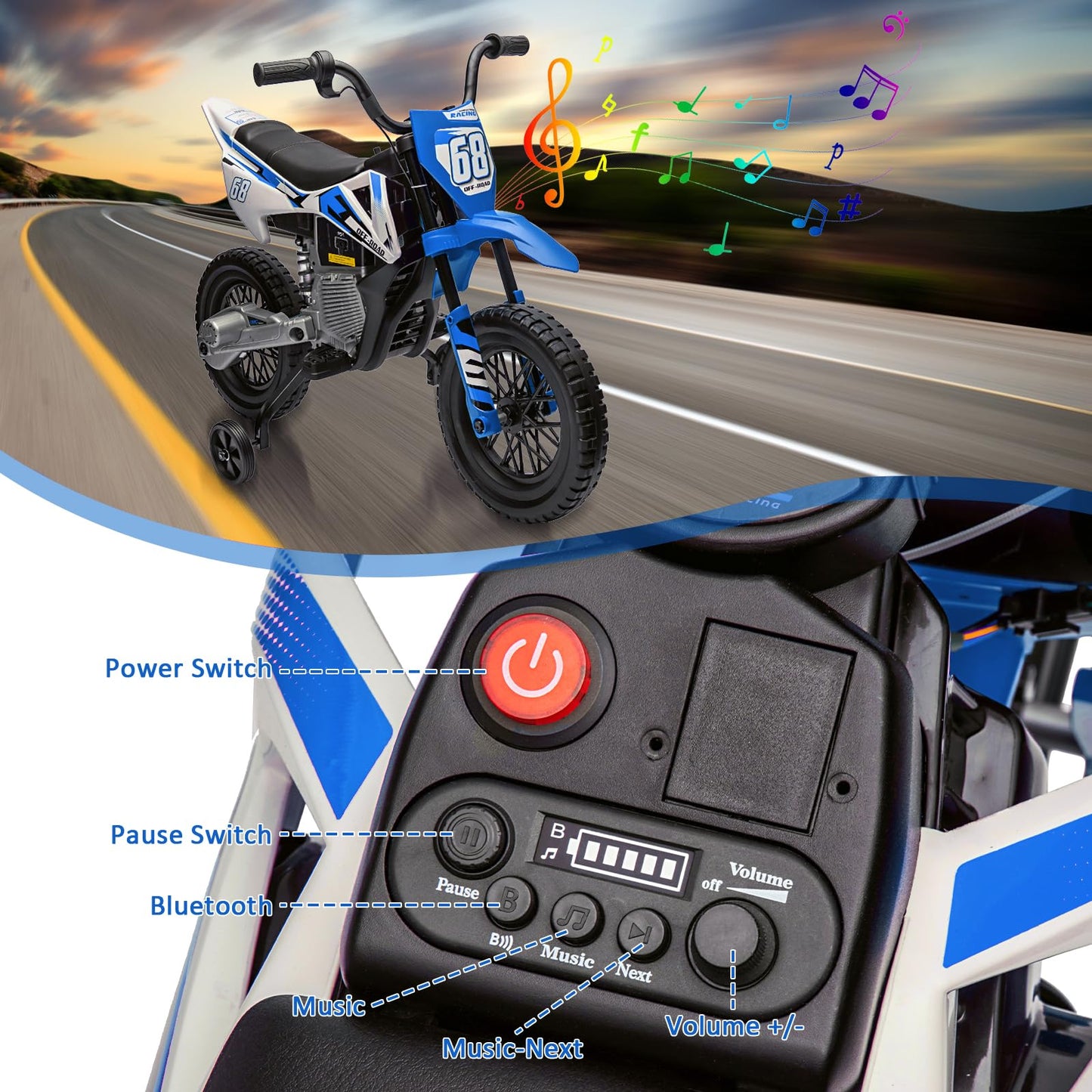 GarveeLife 12V Kids Motorcycle, Electric Dirt Bike with Traning Wheels, Twist Grip Throttle, 3mph Max Speed and Music, Ride on Motorcycle for Toddlers, Deep Blue (Deep Blue)