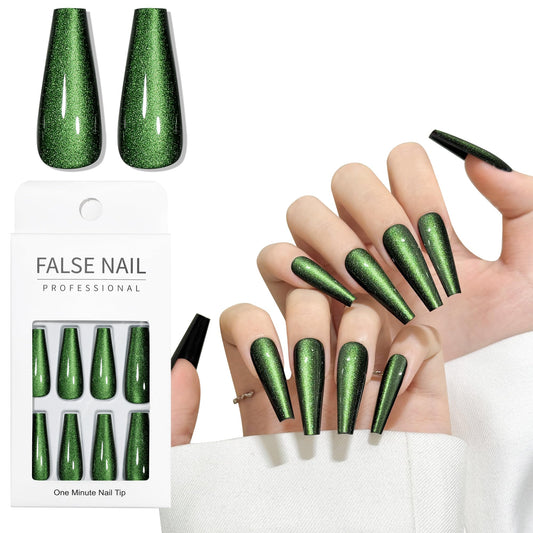 Green Cat Eyes Press On Nails,12 Sizes - 24 Pcs Soft Gel Green Long Coffin Fake Nails Kit with Nail Glue, Natural Reusable Stick On False Nails for Women and Girls SK1043