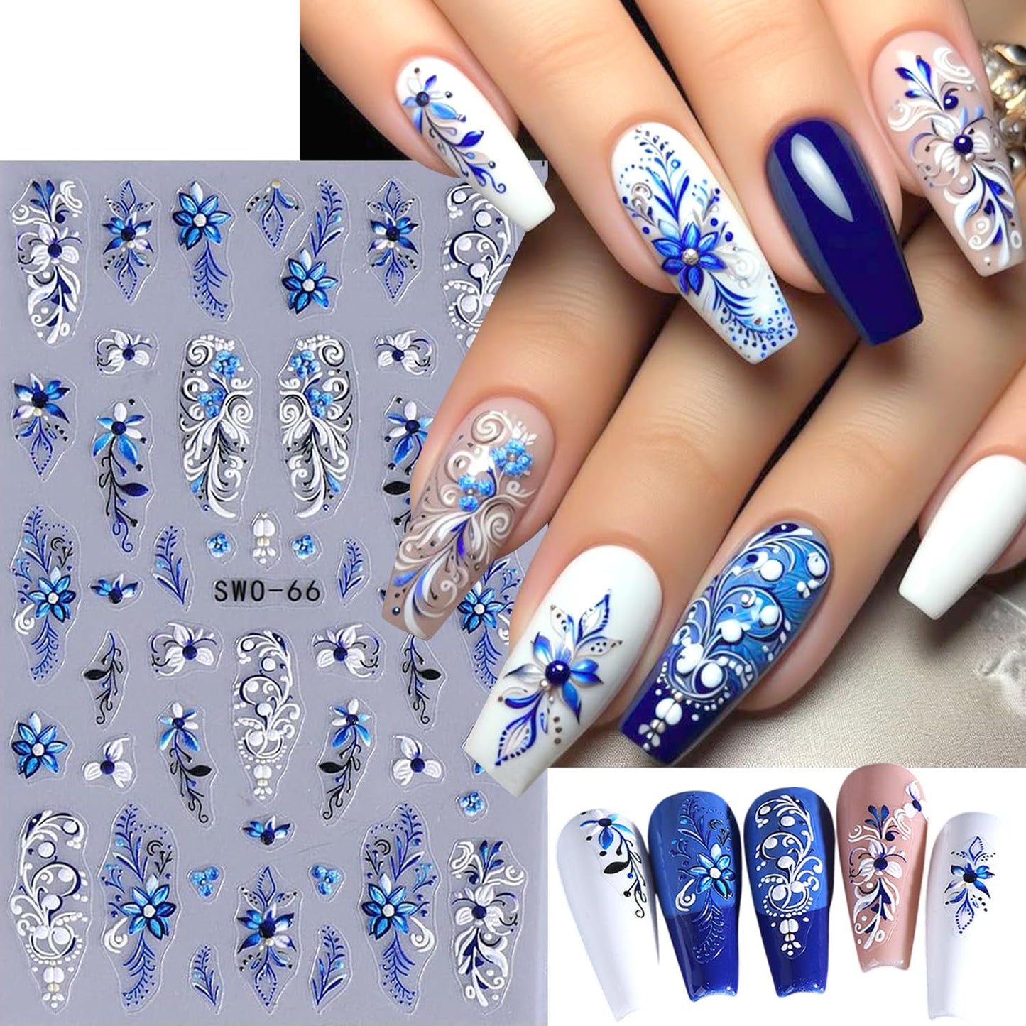 2Sheets Blue White Lily Flower Nail Art Stickers 5D Embossed Blue Flowers Vine Design Nail Decals Self-Adhesive Cute Floral Petals Nail Sticker Sliders for Women DIY Spring Summer Nails Decor Supplies