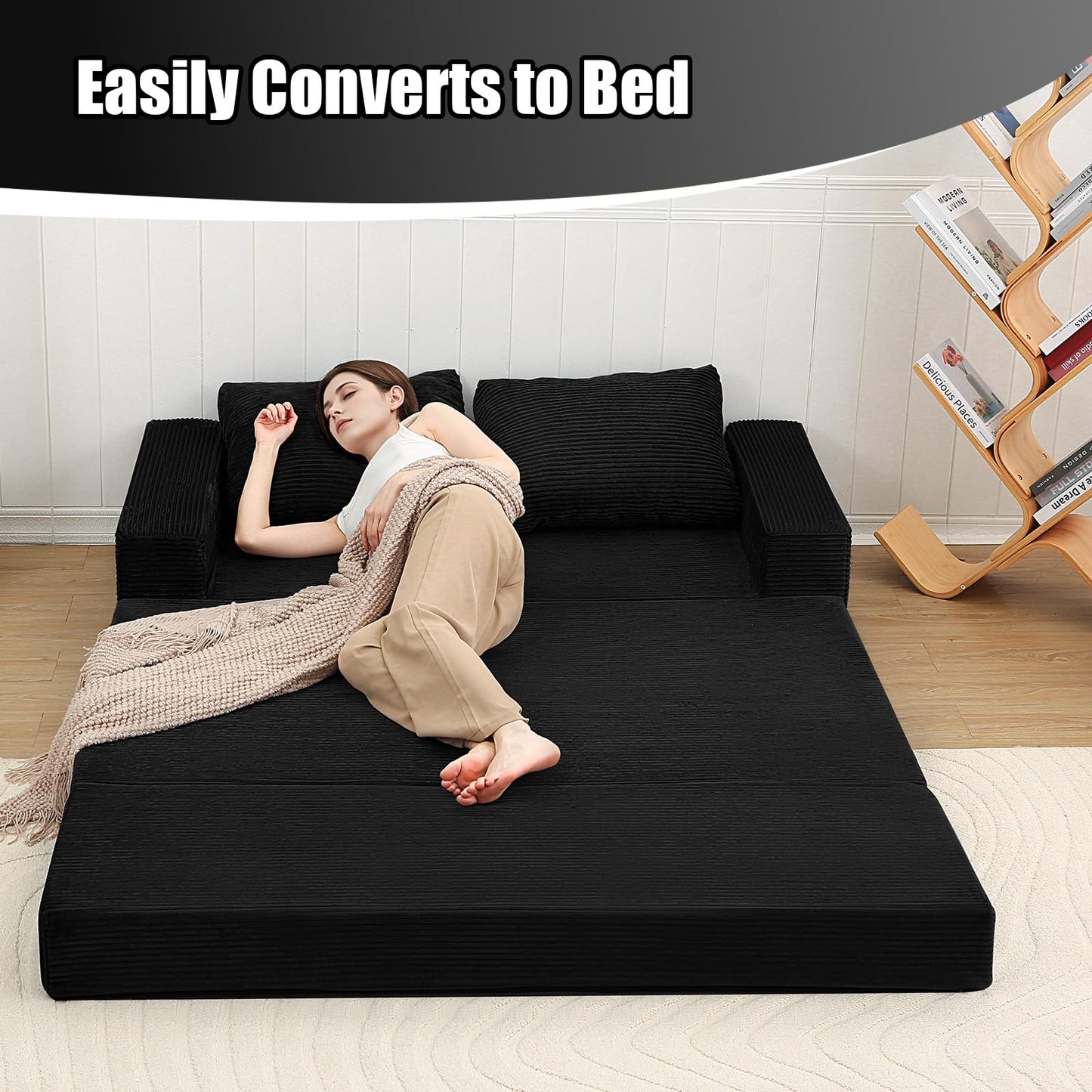 COMAX Convertible Sofa Bed Queen, Corduroy Folding Floor Couch Pull Out Couch Bed Futon Sleeper with Pillows, Fold Out Boneless Sofa Comfy Lounge Mattress Loveseat for Living Room Bedroom, Black
