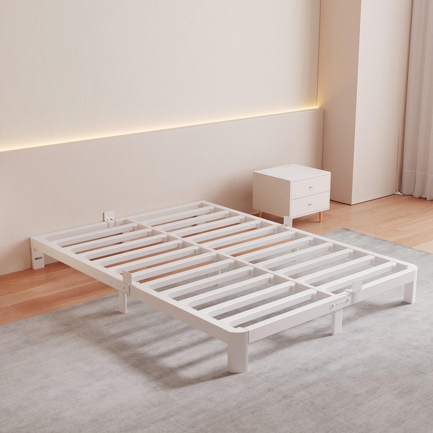 KZZLOL 6 Inch White Low Profile Bed Frame Queen, Low Queen Size Bed Frame No Box Spring Needed, Mattress Stopper, DIY Headboard, Heavy Duty Beds Support 3000 LBS, Rounded Leg, Easy Assembly, Noiseless