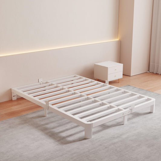 KZZLOL 6 Inch White Low Profile Bed Frame Queen, Low Queen Size Bed Frame No Box Spring Needed, Mattress Stopper, DIY Headboard, Heavy Duty Beds Support 3000 LBS, Rounded Leg, Easy Assembly, Noiseless