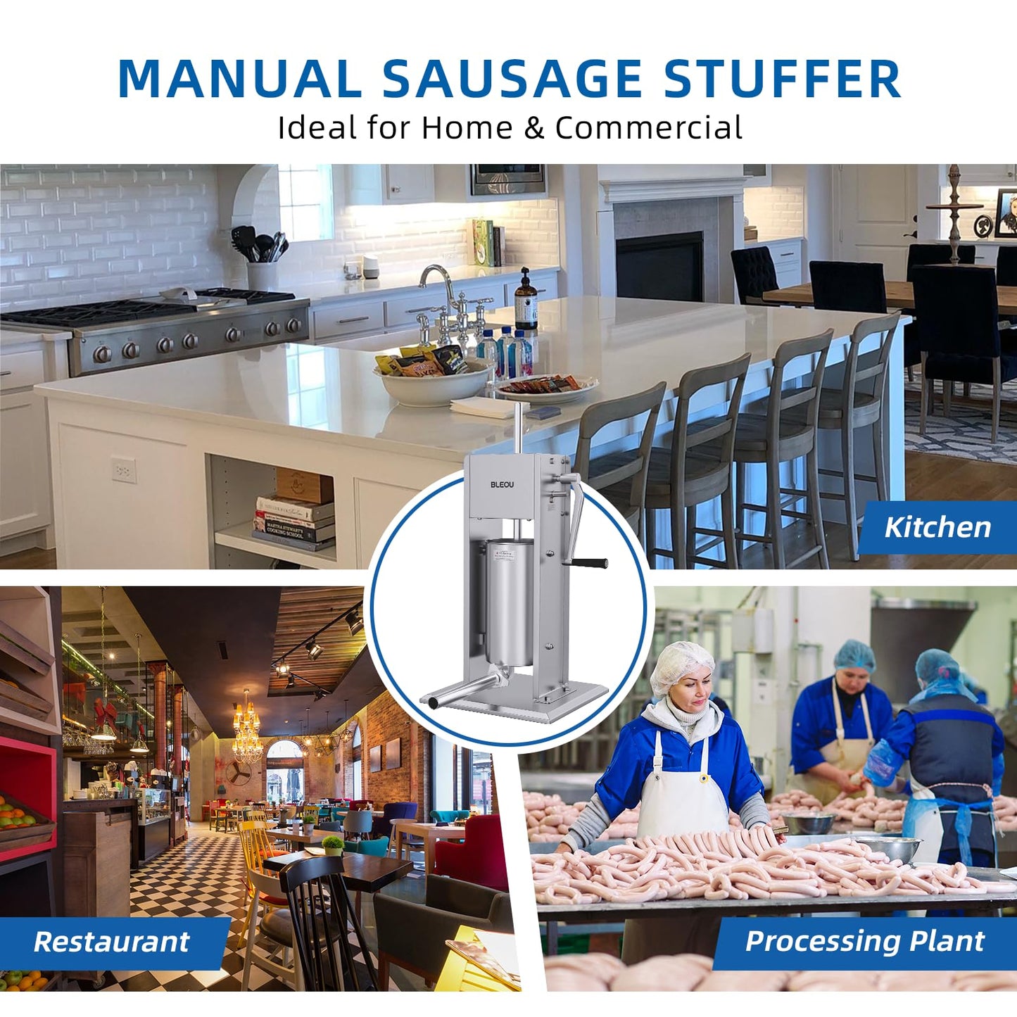 BLEOU Manual Sausage Stuffer 5L/11 LBS, Vertical Stainless Steel Sausage Maker with 4 Stuffing Tubes, Heavy Duty Meat Filling Machine for Home or Commercial Use
