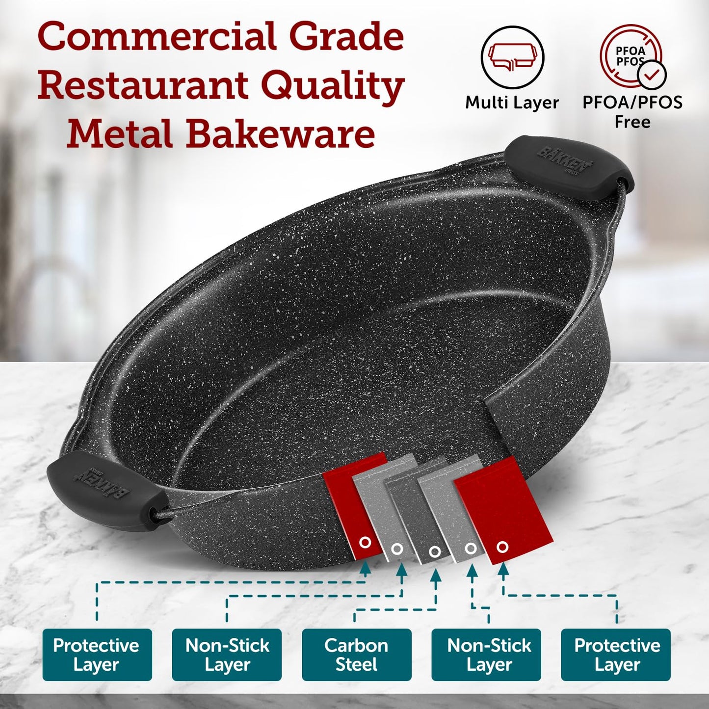 BAKKEN Cookie Sheets for Baking Nonstick Set - 3-Piece Stackable Carbon Steel Baking Sheet Pans Set with Silicone Handles, Non Toxic Cookie Sheets for Baking Bakeware Set - Gray Marble