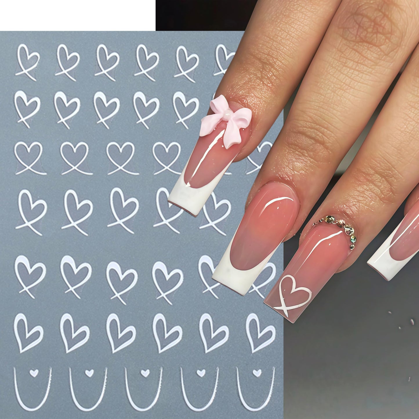 8Sheets Valentines Day Nail Art Sticker Set 3D Self Adhesive Hearts Nail Decals Love Hollow Peach Heart Shaped Nail Design Valentine French Sticker Nail Supplies for Women Valentine Holiday Nail Decor