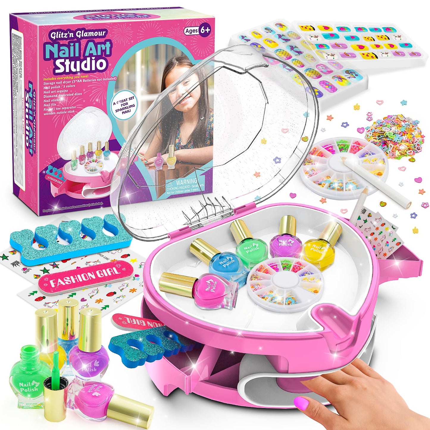 Ylovetoys Kids Nail Polish Set for Girls, Nail Art Kit for Kids Ages 7-12, All-in-One Nail Salon with Nail Dryer & Press On False Nails,DIY Decorative,Non-Toxic Polish,Stickers, Little Girl Gift Toys