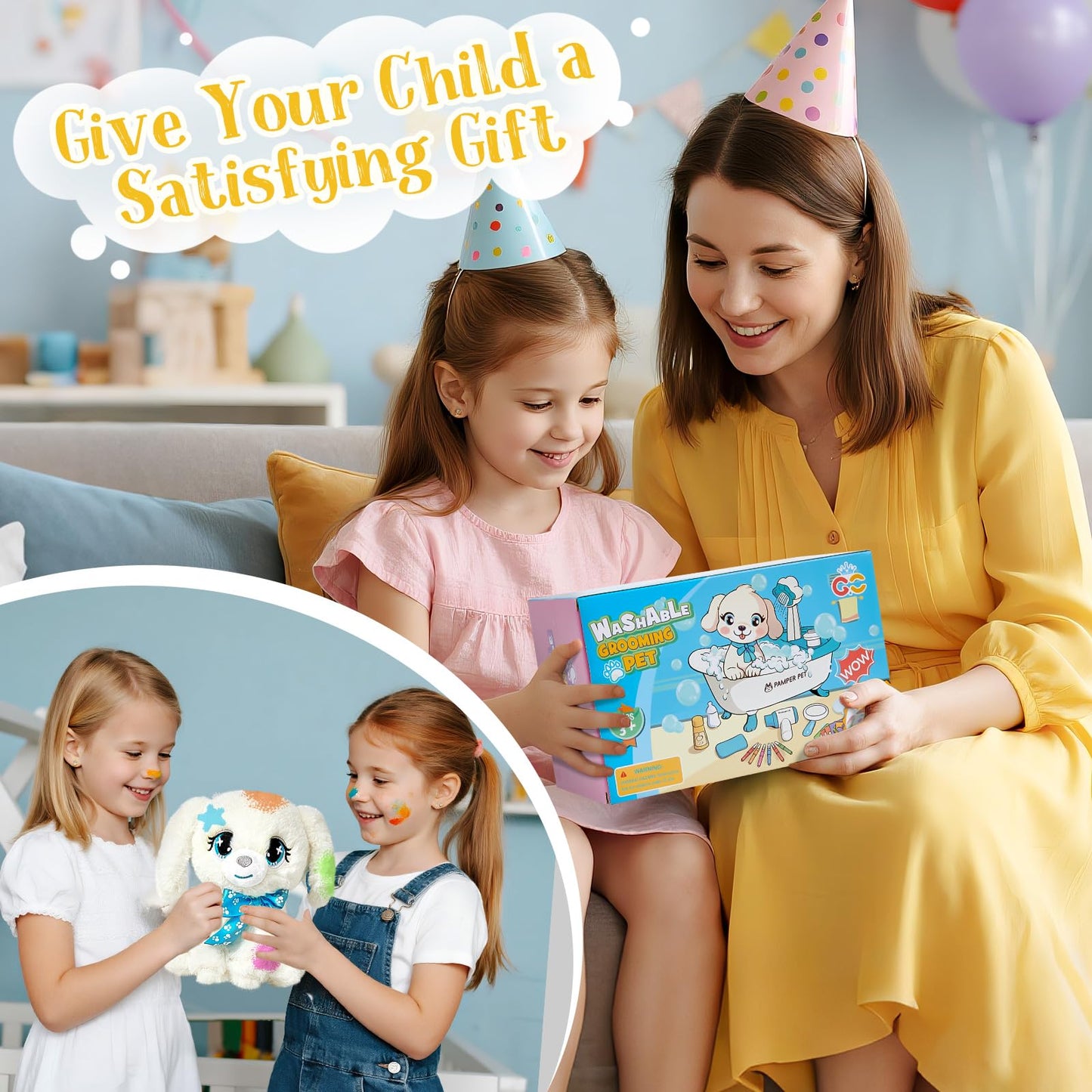 G.C Paint-Wash-Recolor Dog Plush Doll Toys for Kids Painting Craft Kit, Pretend Play Bath Toy with Bathtub, Blow Pen, Doodle Stuffed Animal Doll Painting Kit Gift for Boys Girls Ages 3 4 5 6 7 8