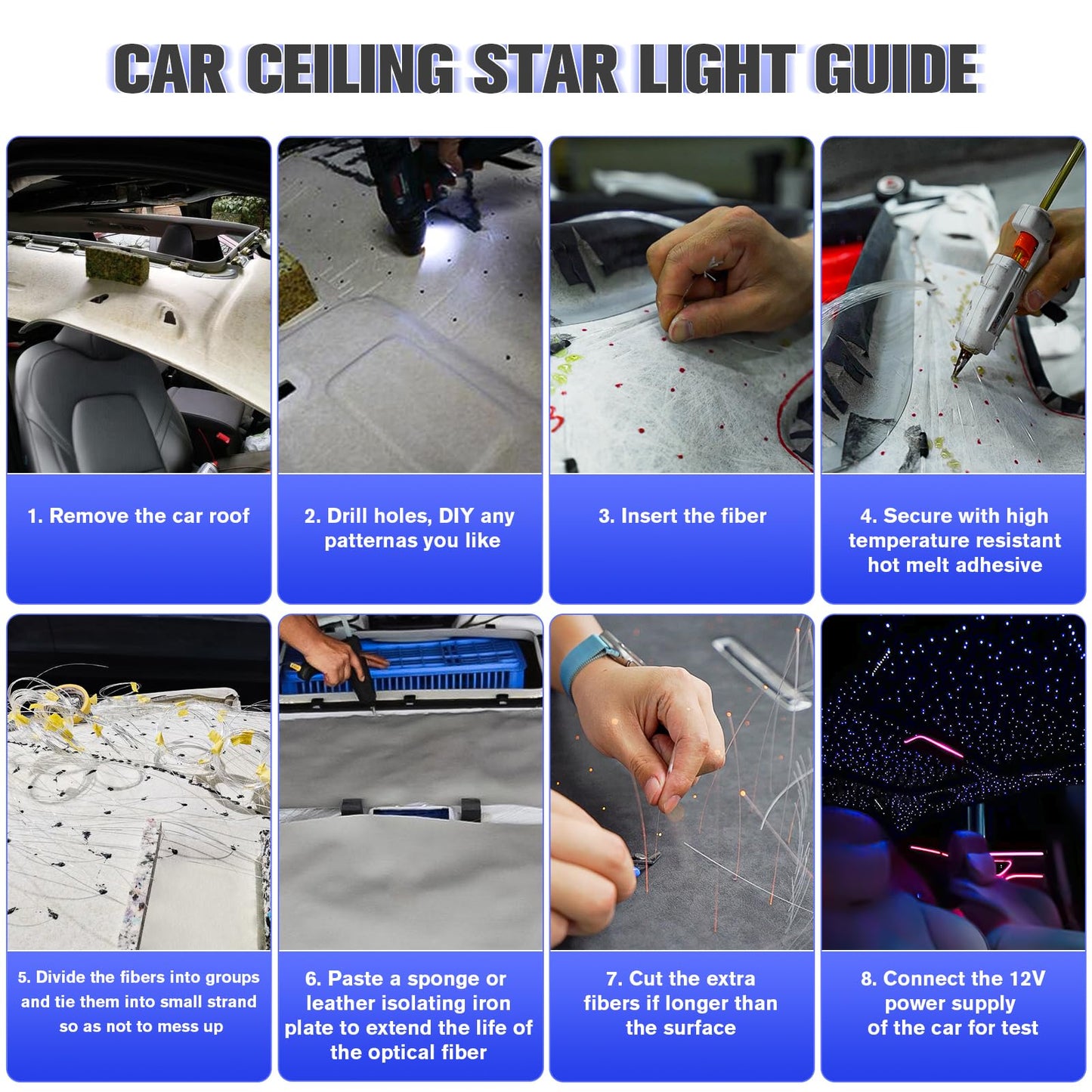 SUNKENET 32W Twinkle Starlight Headliner Kit, 800pcs of (0.03+0.04+0.06in)*13.1ft LED Fiber Optic Lights Kit, Star Ceiling Light+10 Crystals+Adapter+Cigarette Lighter for Car Roof/Home with Music Mode