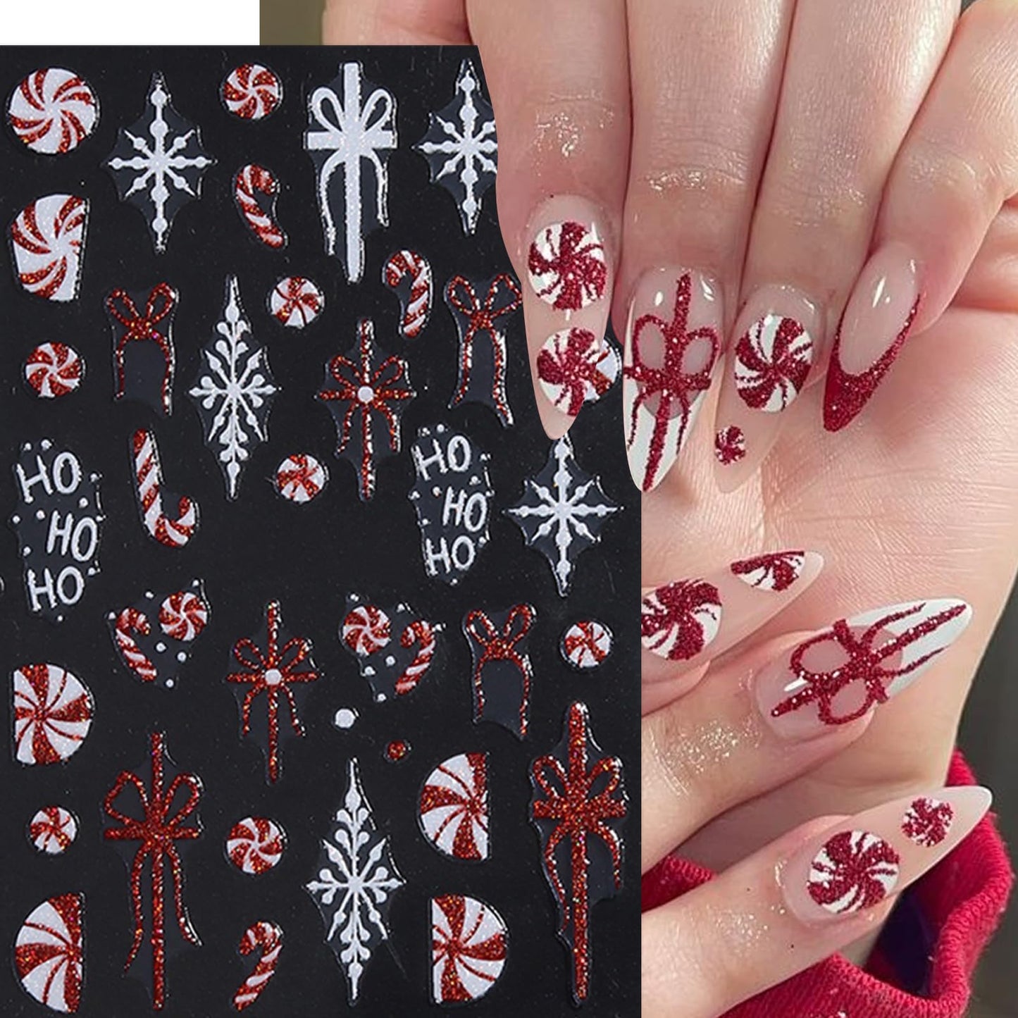 8 Sheets Red Christmas Nail Art Stickers Pink White Red Glitter Snowflake Nail Decals 3D Self-Adhesive Xmas Tree Winter Nail Design Gift Box Bow Nail Supplies Winter New Year Nail Decor for Women