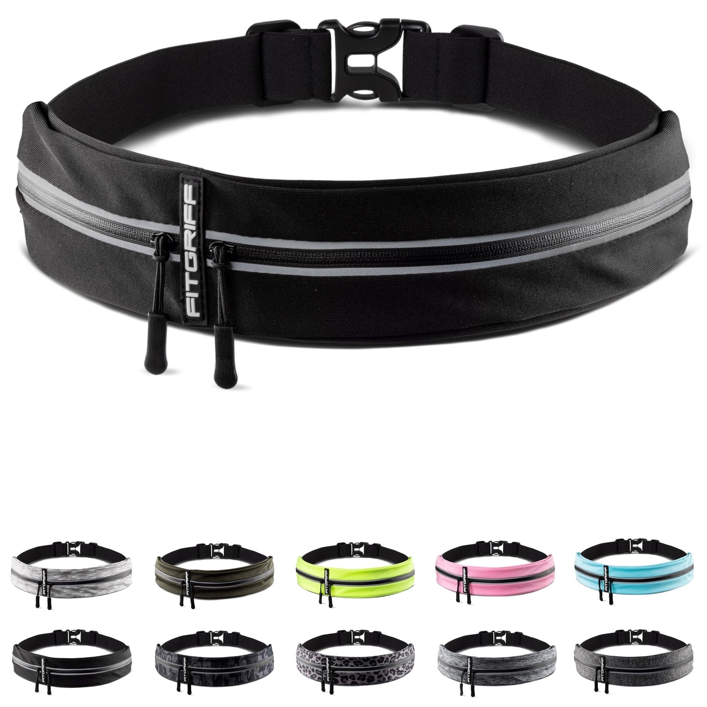 Fitgriff® Running Belt for Men & Women - Secure Jogging Pouch for Phone, Keys & Essentials - For All Cell Phones (Black, 24.5" - 35.5"" Waist Size)"