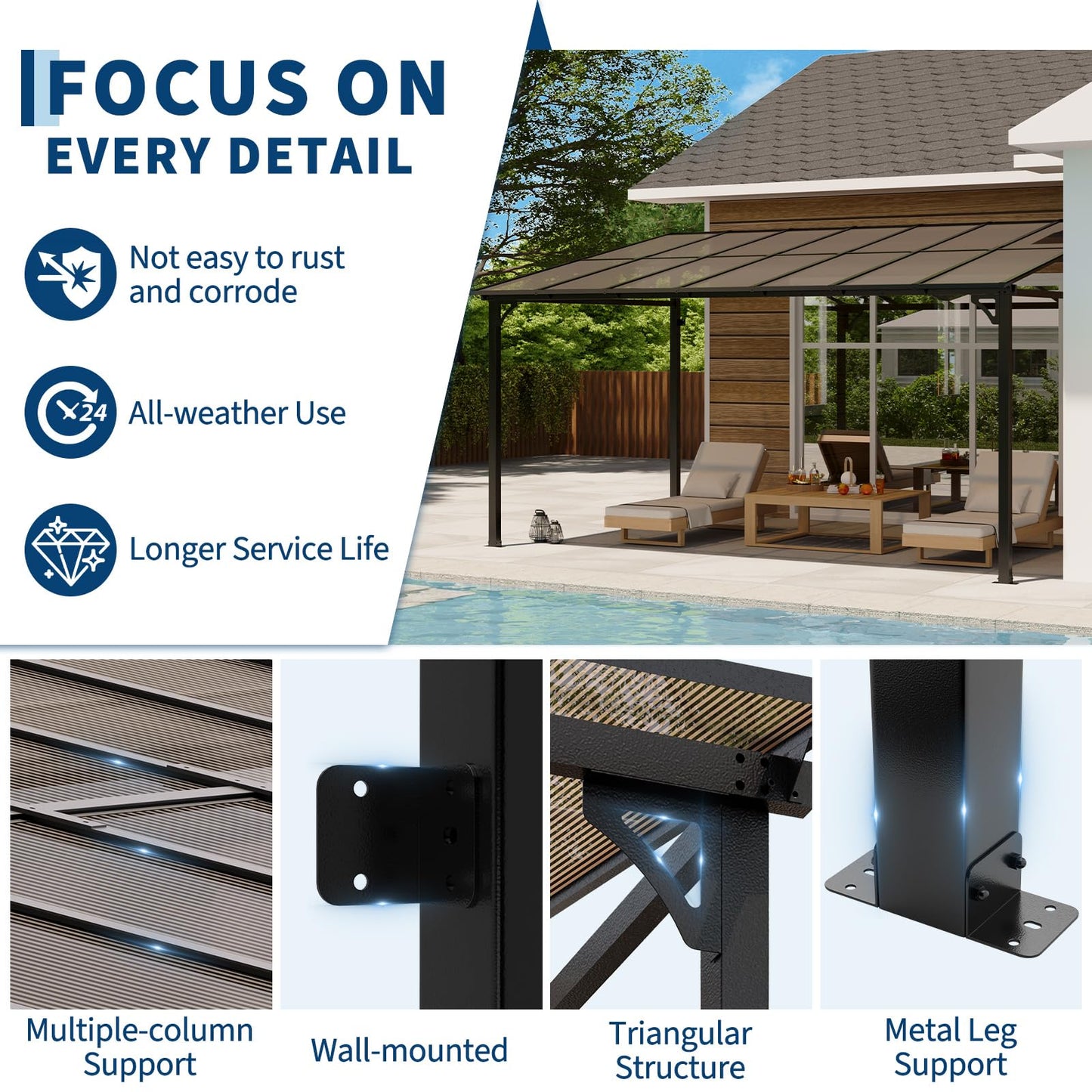 10x14FT Lean to Gazebo, Heavy-Duty Wall-Attached Gazebo with Sturdy Steel Frame, Hardtop Metal Pergola with 6mm Anti-UV Polycarbonate Roof & Pre-Drilled Post Bases, Patio Canopy for Backyard, Deck