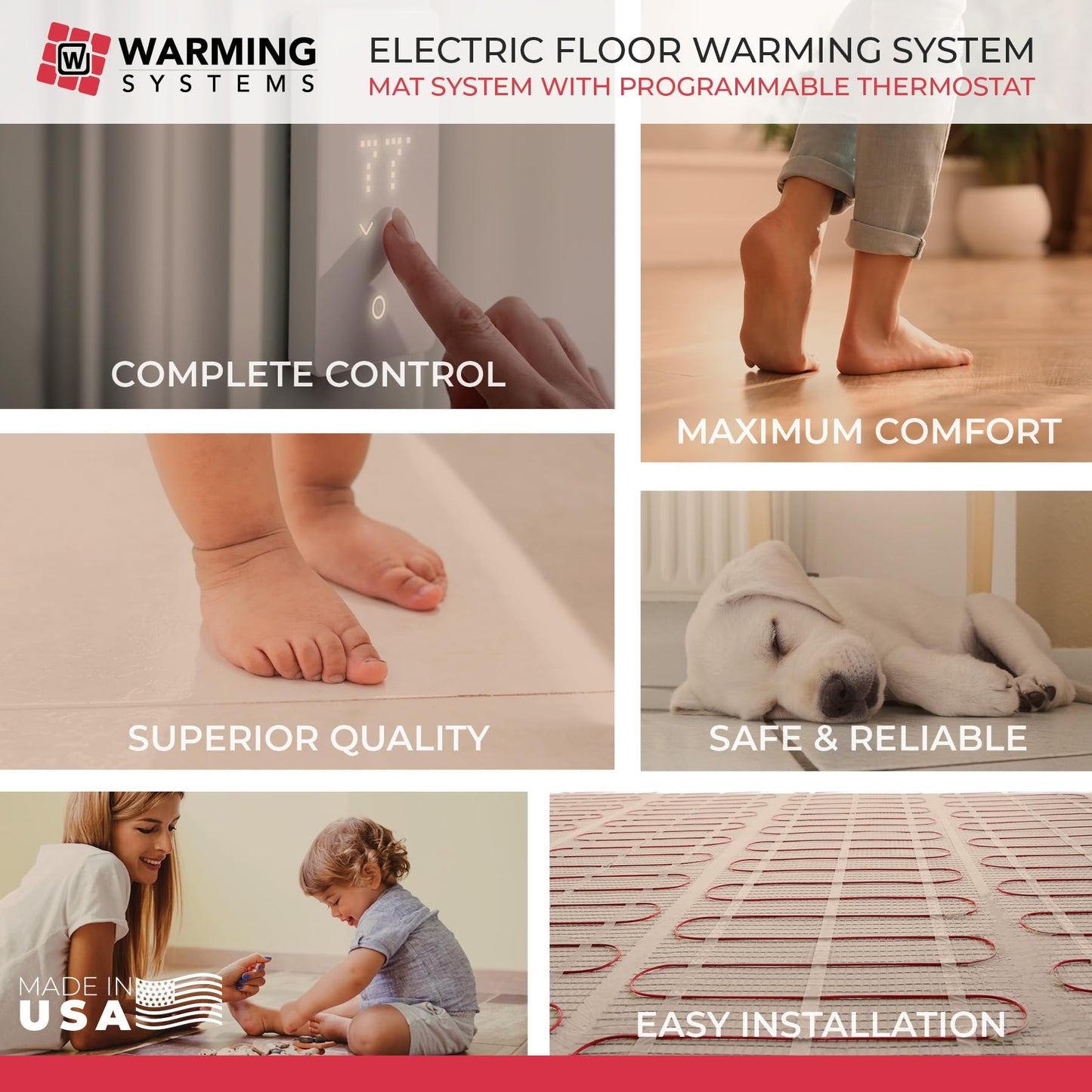 Warming Systems - 30 Sqft 120V Electric Radiant Floor Heating Mat – Includes Heating Mat, Programmable Thermostat, Thermostat Floor Sensor, Installation Monitor and Under Tile Heater