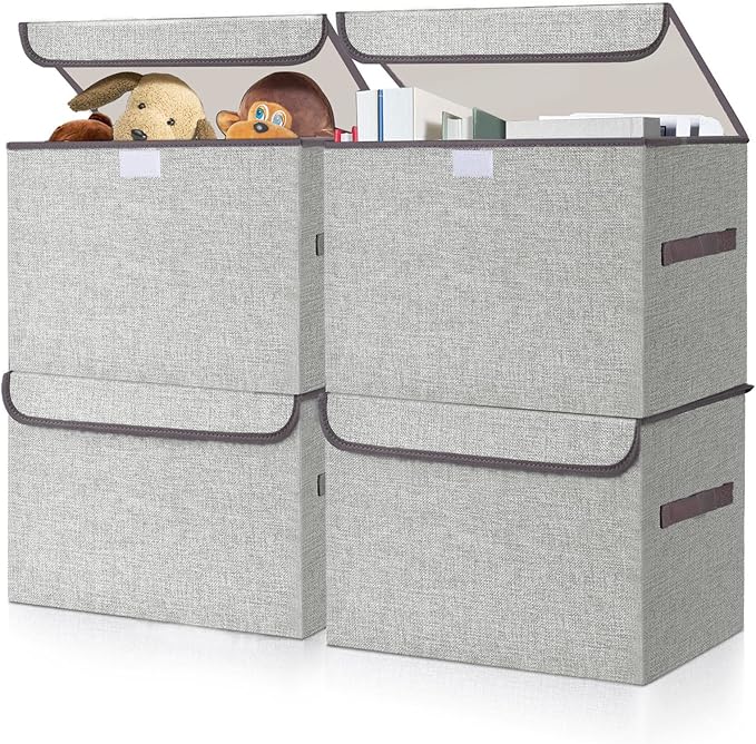 Bagnizer Linen Fabric Foldable Storage Cube Bin Organizer Basket with Flip-Top Lid & Handles, Large Clothes Blanket Box for Home, Office, Closet, Light Gray, 4 Pack 14.6 x 9.5 x 9.5â