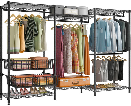 VIPEK V10 Garment Rack Large Size Heavy Duty Clothes Rack with Hanging Rods, Adjustable Shelves & 2 Slid Storage Baskets, Wire Clothing Rack 68.9" W x 15.7" D x 76.4" H, Max Load 920 LBS, Black