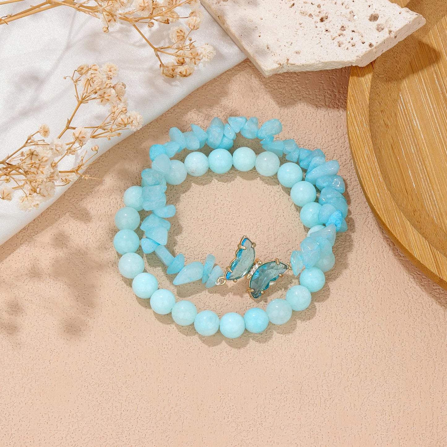 GolbalJew Healing Crystal Stone Bracelets Aquamarine Bracelet for Women Blue Gemstone Beads Stretch Bracelet Butterfly Charms Jewelry Women Gift