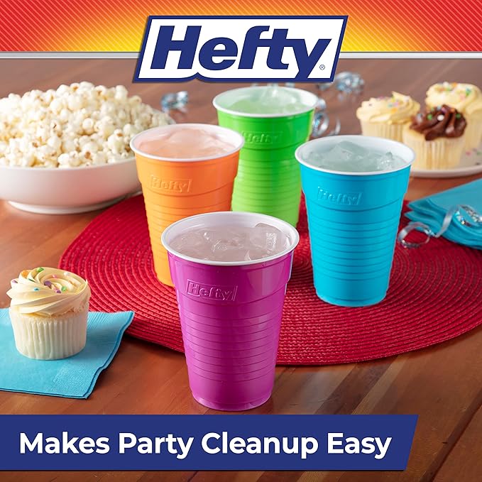 Hefty Plastic Cups, 16 Ounce, Disposable | 100 Count | Pack of 2 | Party | Assorted