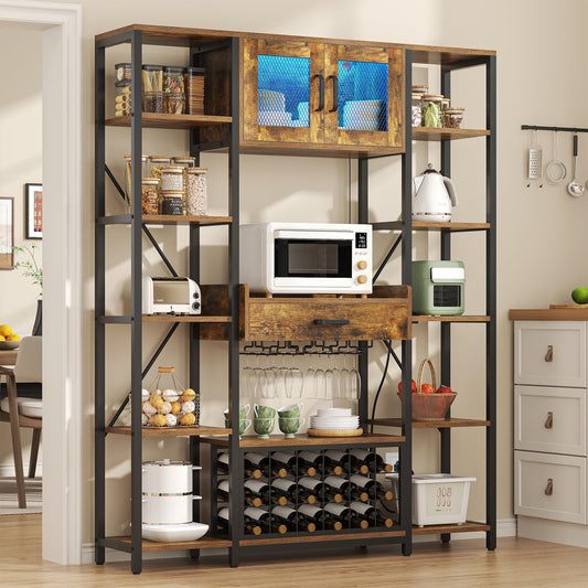 Semoic Wine Bar Cabinet with LED Lights, 65.35'' Tall Industry Coffee Bar Cabinet with Drawer and Power Outlets, Kitchen Microwave Stand Bakers Rack Cabinet for Liquor and Goblet, Black (Brown)