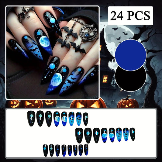 Halloween Black Blue Gradient Press on Nails Almond Fake Nails with Bat Moon Designs Goth False Nails Black Bat Glossy Reusable Glue on Nails for Women Girls Halloween Manicure Decoration 24pcs