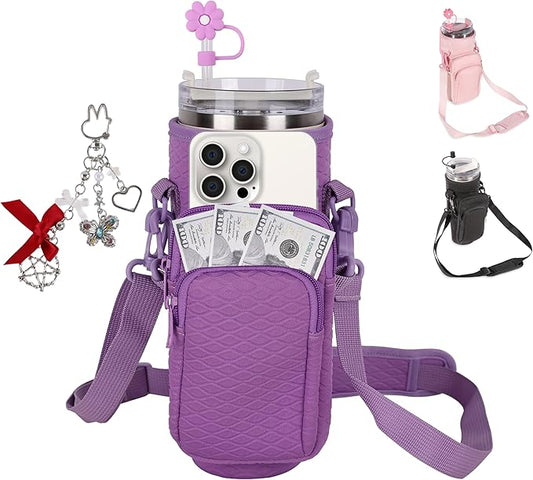 &And Per Se Water Bottle Shoulder Bag for Women, Neoprene Carrier with Phone Pocket & Purple Charm, Adjustable Crossbody Strap Fits Stanley 30oz Tumblers, Gift for Her (Purple)