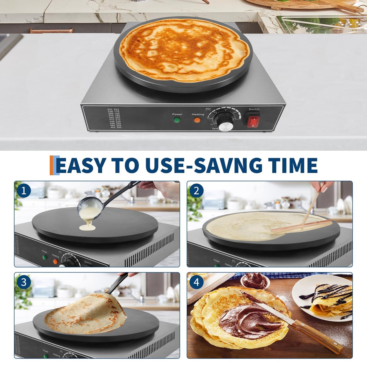16 Inch Commercial Crepe Maker, Non-Stick Electric Crepe Machine with Precise Temp Control and Indicator Lights for Home and Restaurant,1750 w,110 v