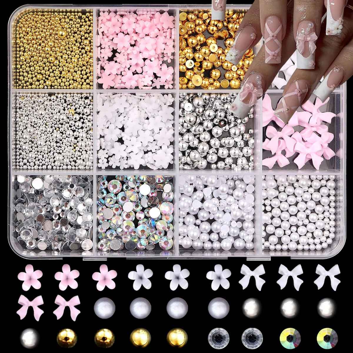 Flower Petal Nail Charms 3D Resin Pink Bow Nail Gems Cute Silver Gold Beads Nail Jewels Shiny Laser Pearl Rhinestones Nail Art Supplies for Women DIY Acrylic Nail 12 Grids 1 Box 12 Styles