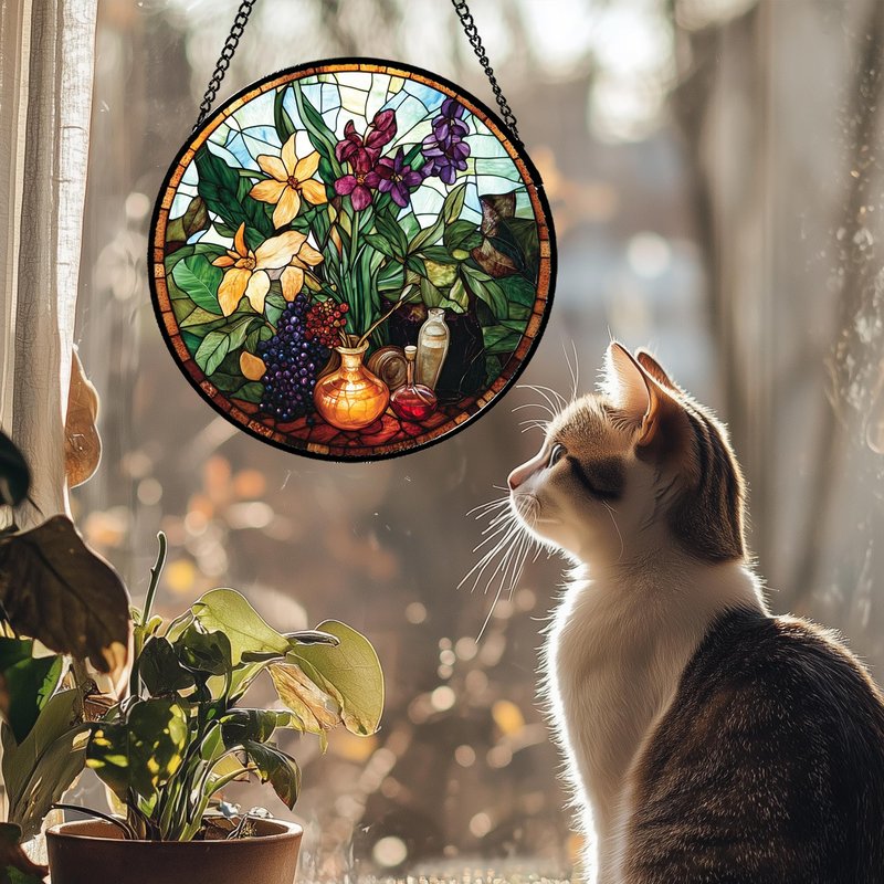 QZQCBLC Stained Glass Window Hanging Berry Plant Purple Yellow Flowers in Vase Large 11.8" - Suncatcher Door Garden Sun Catcher Home Decor Birthday Christmas for Mom Men Woman Nana