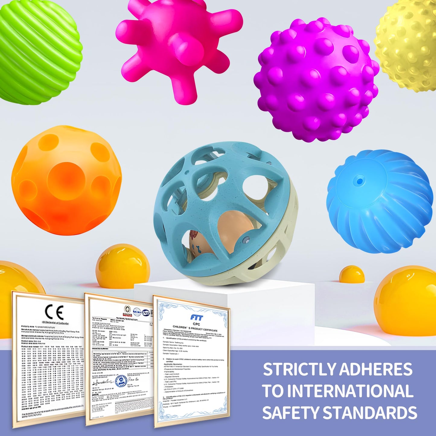 ROHSCE Sensory Toys for Babies Bundle - Textured Baby Balls & Wheat Straw Rattle + Silicone Rainbow Stacker, Montessori Nesting Blocks Soft Building Toys (7CPS), Baby 6-12 Months, Toddler Toys 1-3