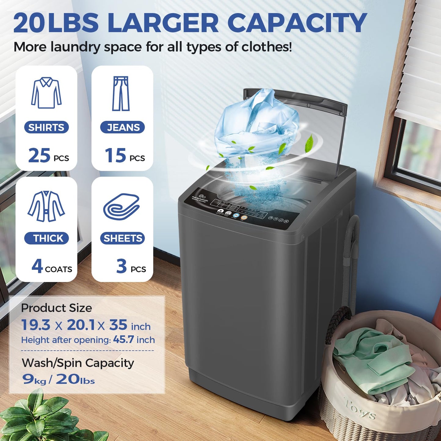 Nictemaw Portable Washing Machine, 20Lbs Capacity Full-Automatic Portable Washer Machine, 2.8Cu.ft Washer and Dryer Combo with 10 Programs 8 Water Levels Compact Laundry Machine for Apartments
