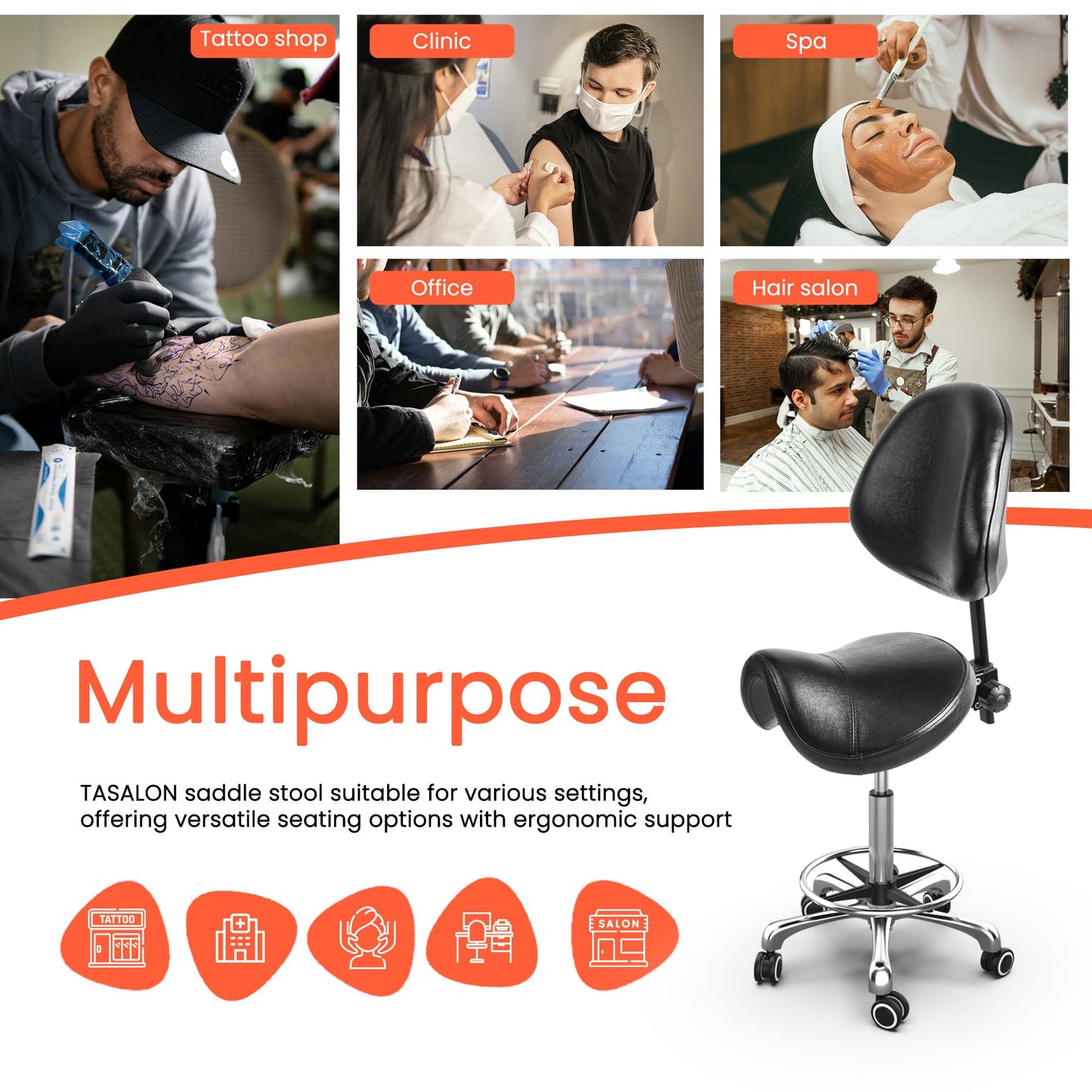 TASALON Saddle Stool with Back Support Ergonomic Adjustable Stool with Wheels - Swivel Salon Cutting Stool for Kitchen, Salon, Spa, Tattoo, Pedicure, Massage -Esthetician Chair – Black